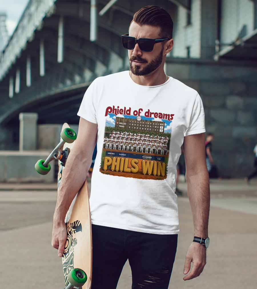 Phield Of Dreams Phillies Twins 7 1 Phils Win Scoreboard Aaron Nola Kyle Schwarber T-Shirt