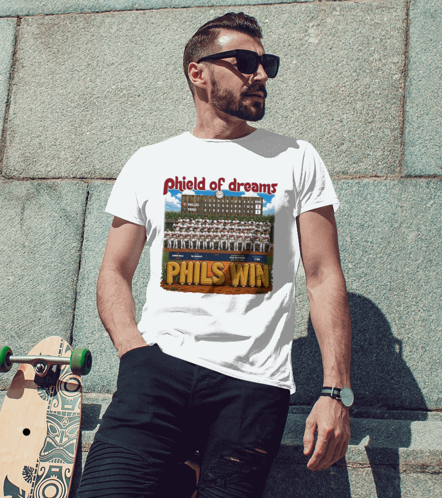 Phield Of Dreams Phillies Twins 7 1 Phils Win Scoreboard Aaron Nola Kyle Schwarber T-Shirt