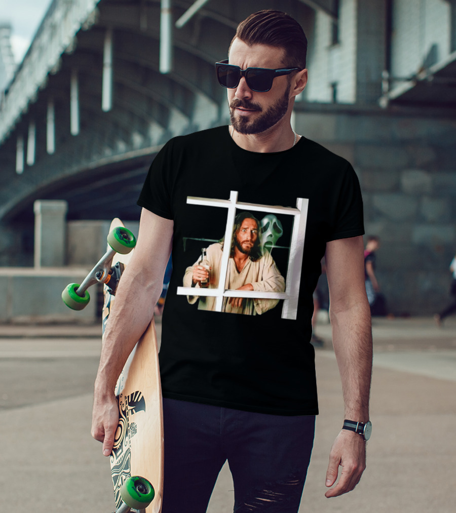 Jesus Drinking Whiskey With Ghostface Killer Behind Window T-Shirt