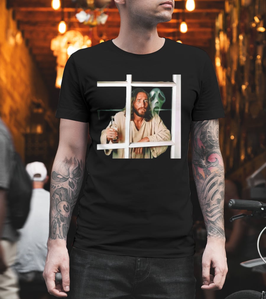 Jesus Drinking Whiskey With Ghostface Killer Behind Window T-Shirt