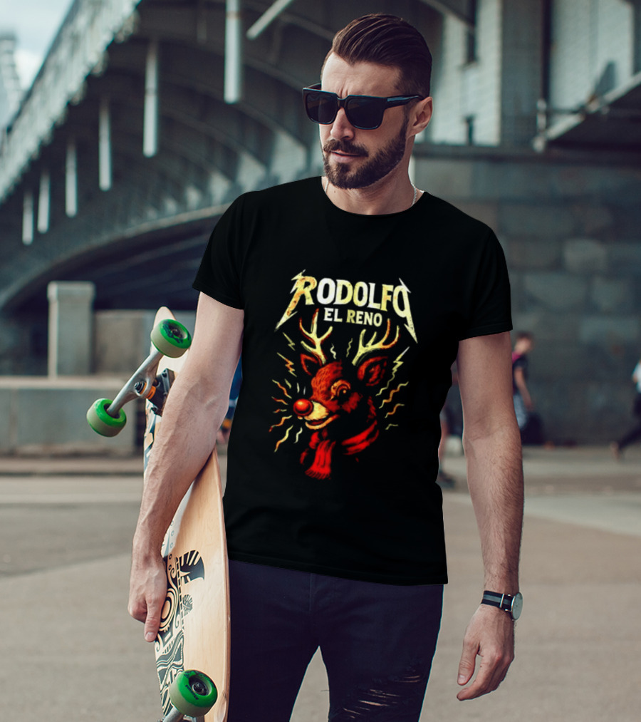 Rodolfo El Reno Heavy Metal Reindeer Christmas Lightning Antlers T-Shirt