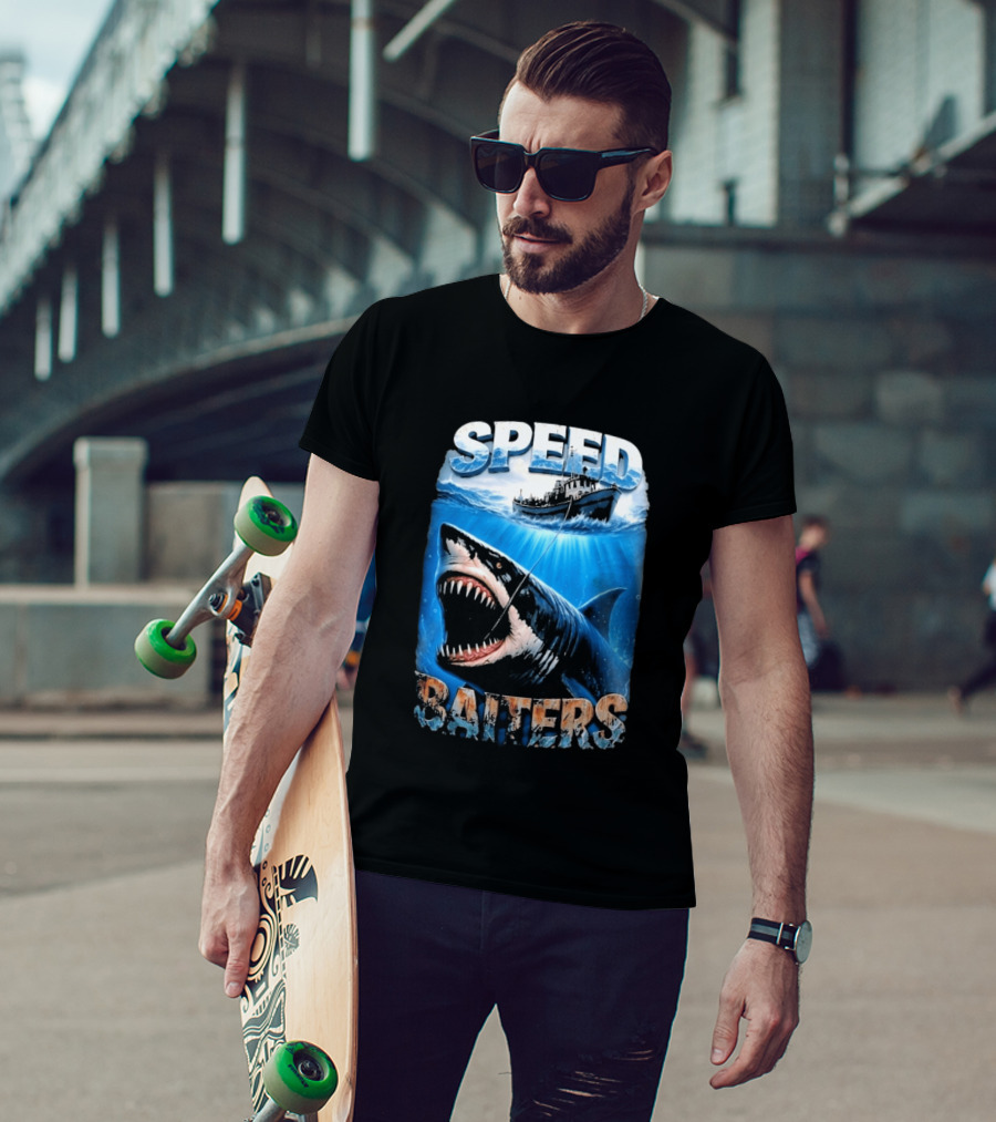 Speed Baiters Shark With Boat And Ocean T-Shirt
