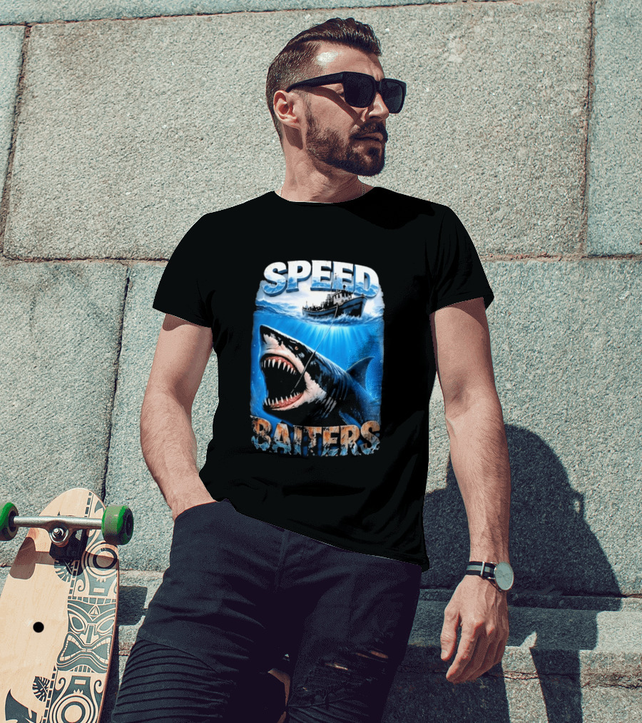 Speed Baiters Shark With Boat And Ocean T-Shirt