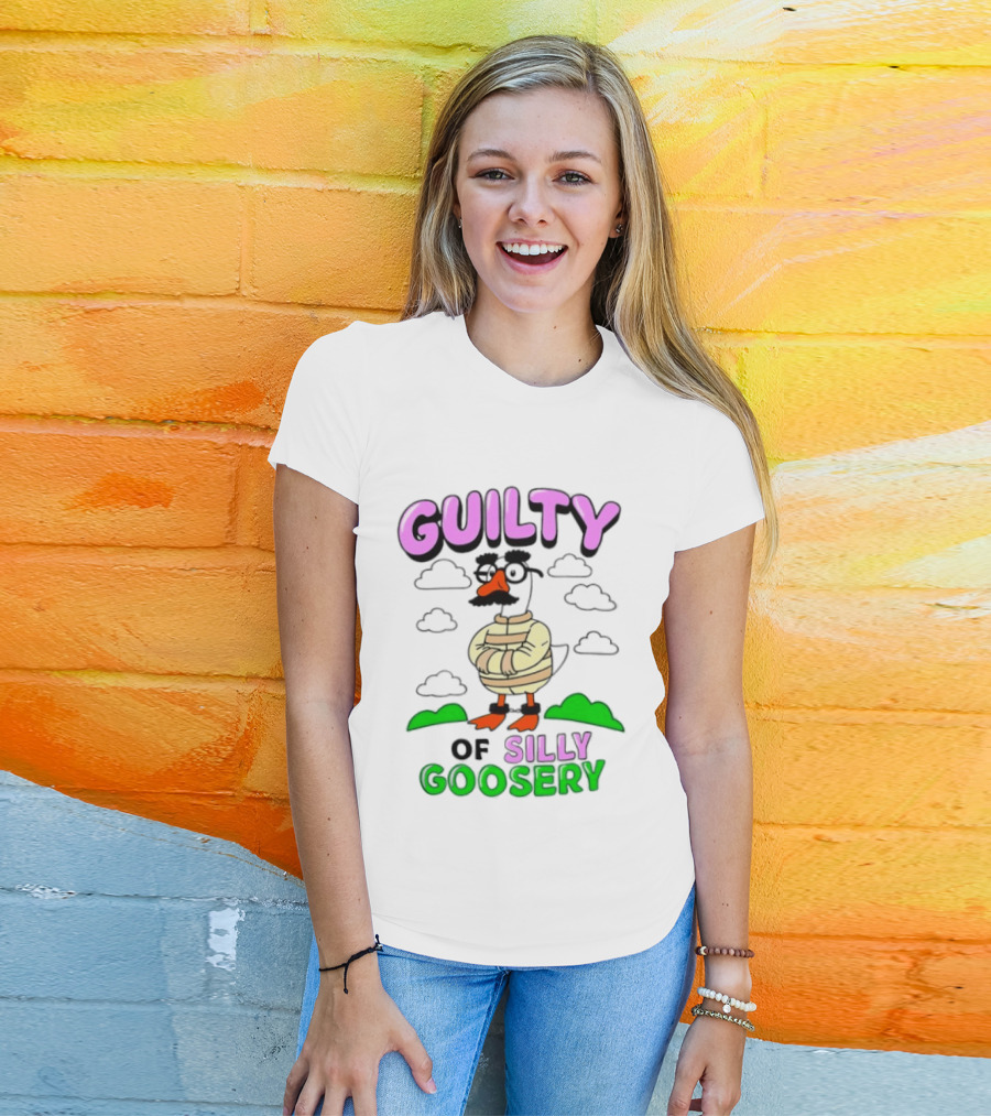 Guilty Of Silly Goosery Cartoon Goose In Striped Suit T-Shirt