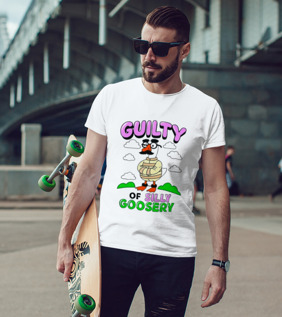 Guilty Of Silly Goosery Cartoon Goose In Striped Suit T-Shirt
