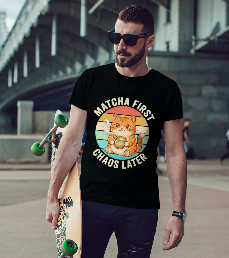 Matcha First Chaos Later Cat Retro Stripes Tea T-Shirt