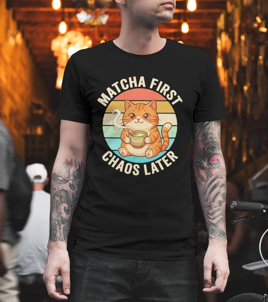 Matcha First Chaos Later Cat Retro Stripes Tea T-Shirt