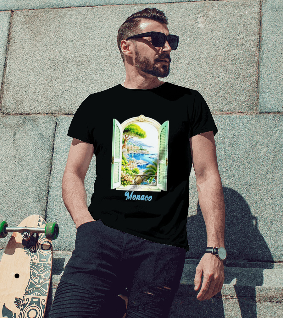 Monaco Window View French Riviera Monte Carlo Scenic Coastal Paradise T-Shirt