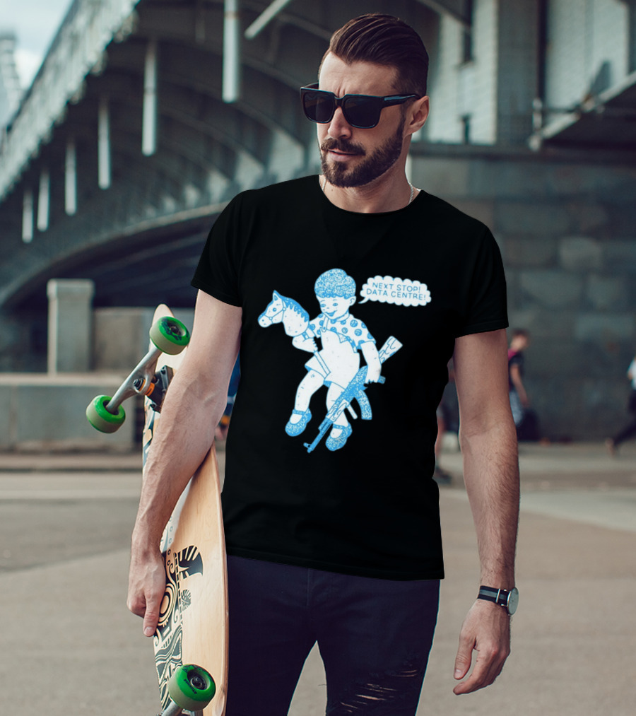 Next Stop Data Centre Kid With Hobby Horse And Toy Rifle Tech Humor T-Shirt