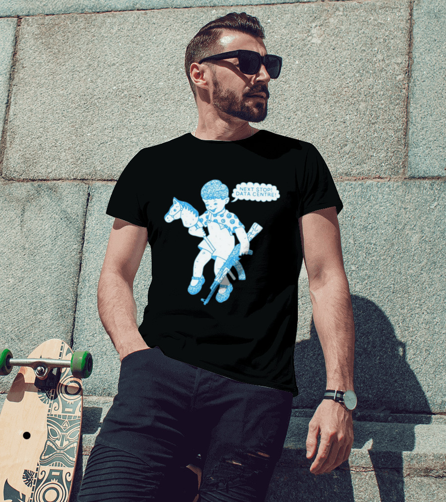 Next Stop Data Centre Kid With Hobby Horse And Toy Rifle Tech Humor T-Shirt