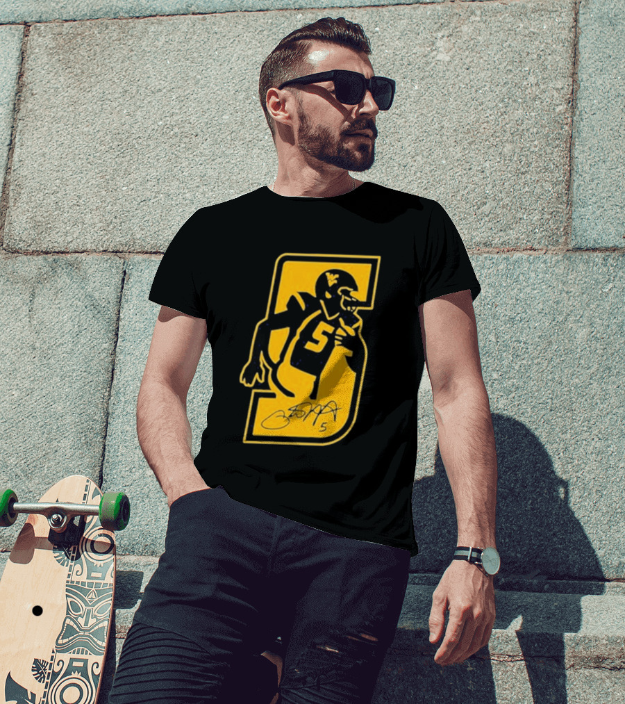 West Virginia Mountaineers Number 5 Retirement Football Icon With Signature T-Shirt