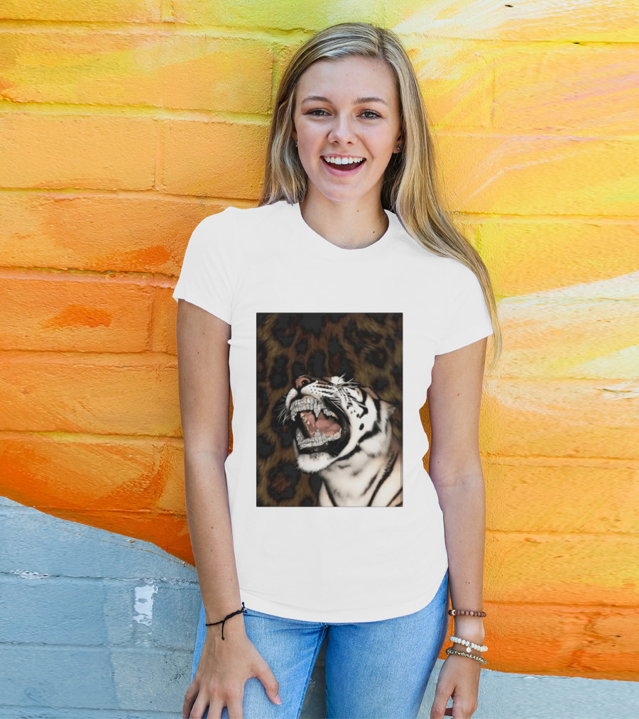 Tiger Diamond Grillz Iced Out Animal Roaring With Leopard Print T-Shirt