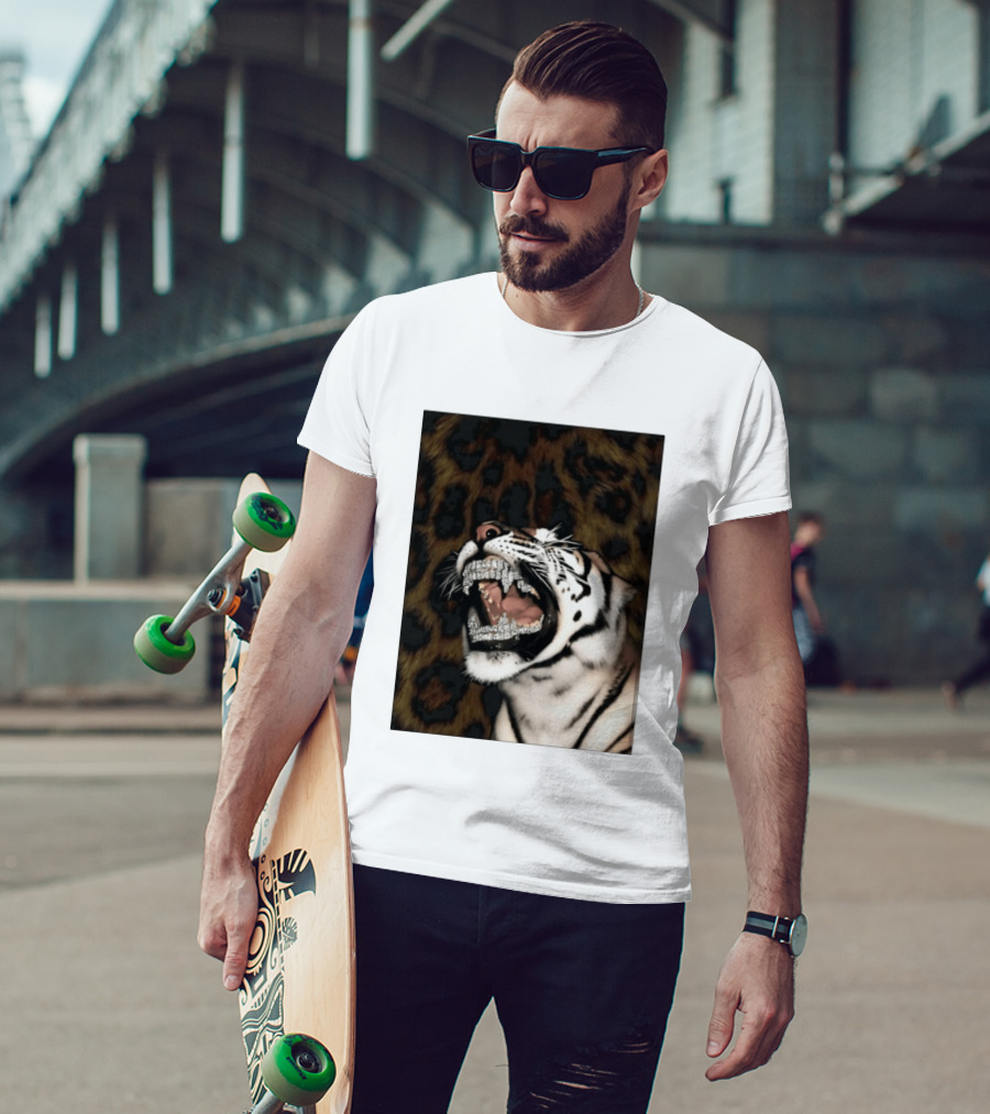 Tiger Diamond Grillz Iced Out Animal Roaring With Leopard Print T-Shirt