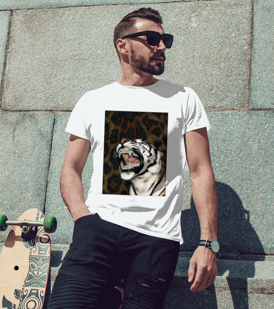 Tiger Diamond Grillz Iced Out Animal Roaring With Leopard Print T-Shirt