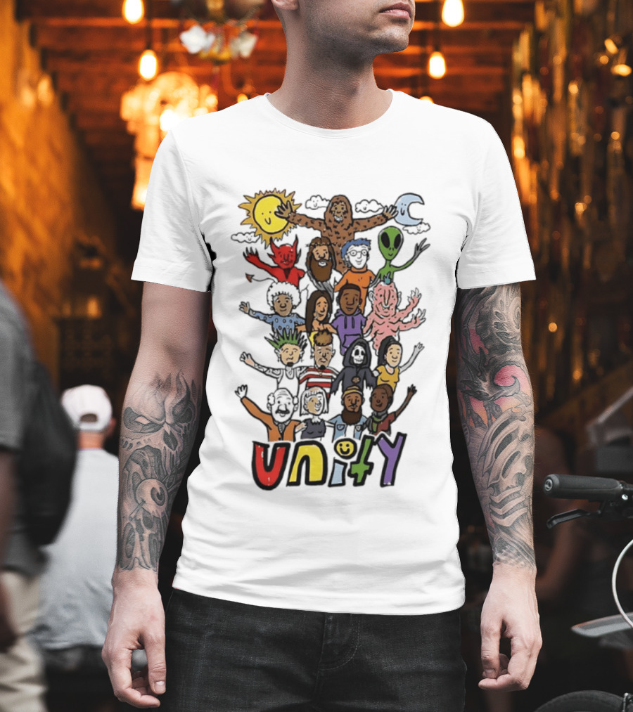 Unity Cartoon Characters Doodle Diverse Characters Aliens Bigfoot Devil Sun Moon T-Shirt