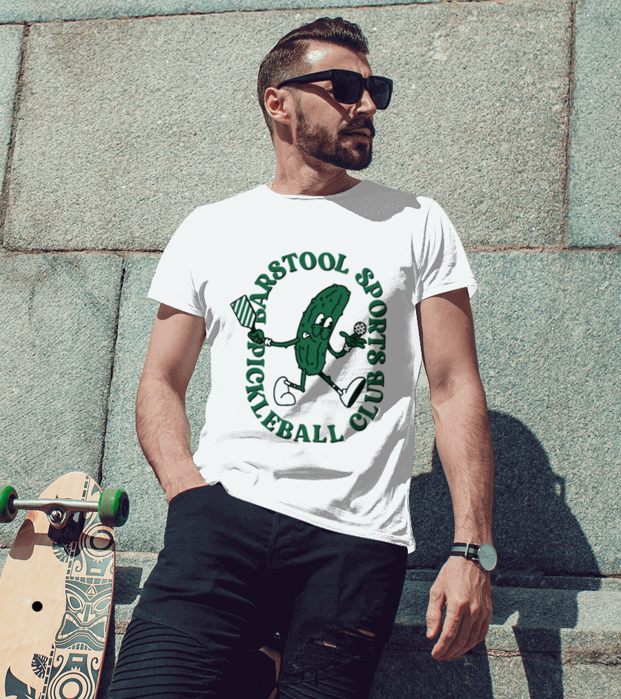 Barstool Sports Pickleball Club Animated Pickle Character With Paddle And Ball T-Shirt