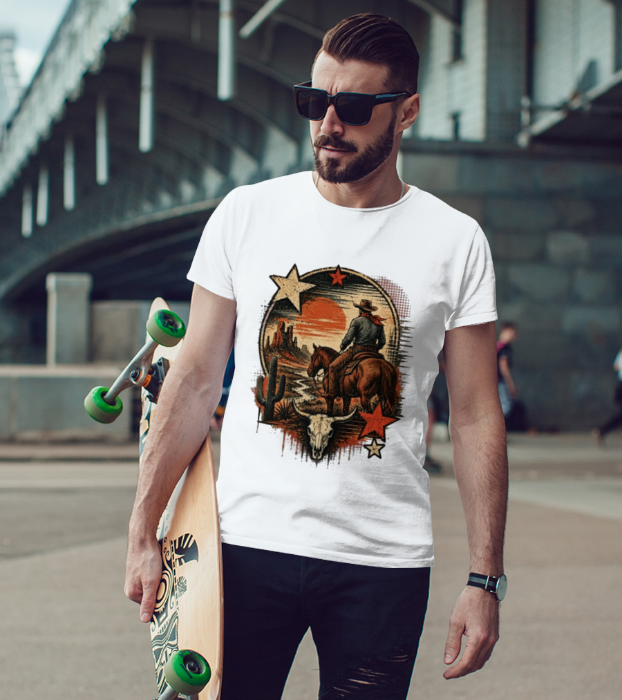 Cowboy On Horseback Under Desert Sunset With Cactus And Skull T-Shirt