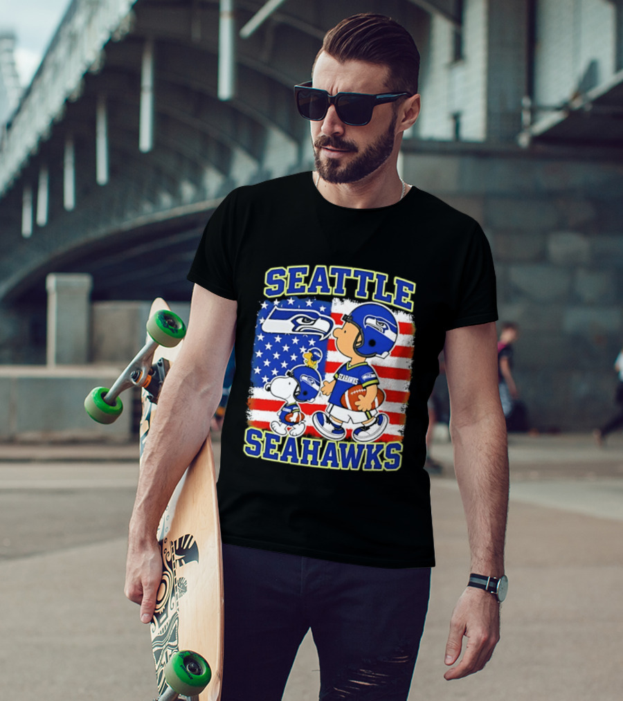 Snoopy Charlie Brown Seattle Seahawks American Flag Football T-Shirt