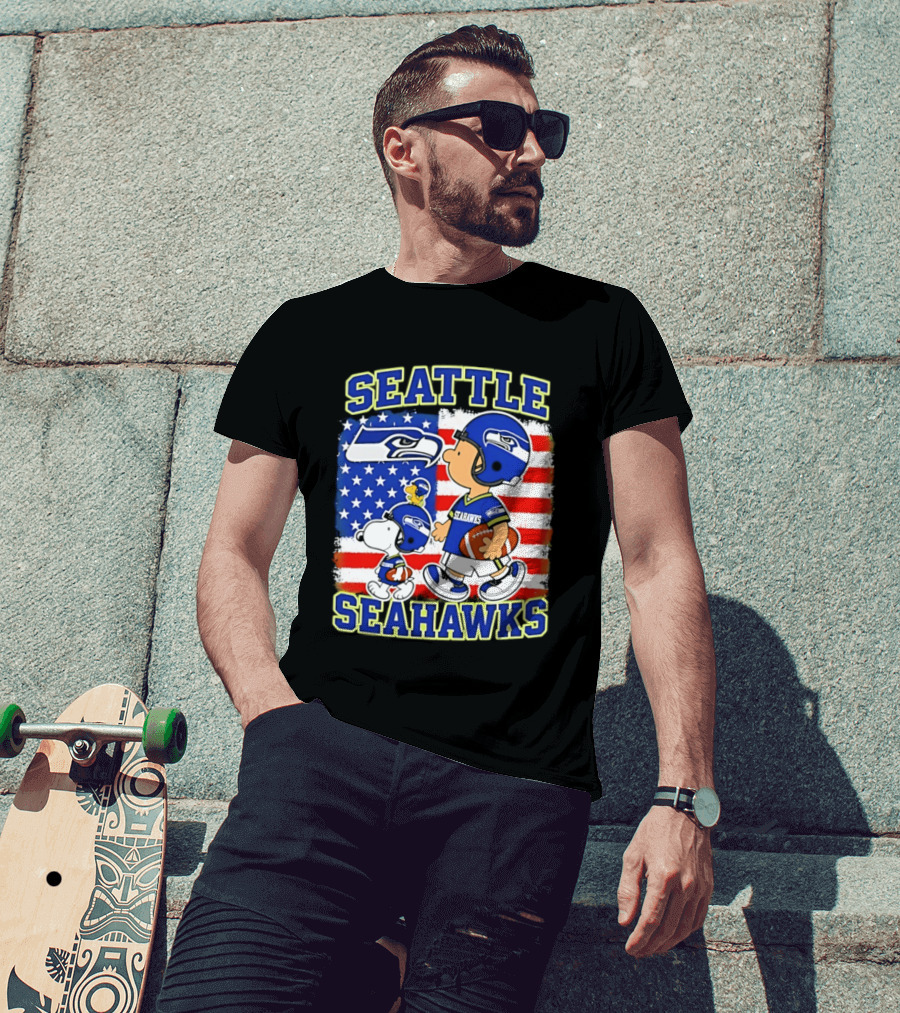 Snoopy Charlie Brown Seattle Seahawks American Flag Football T-Shirt