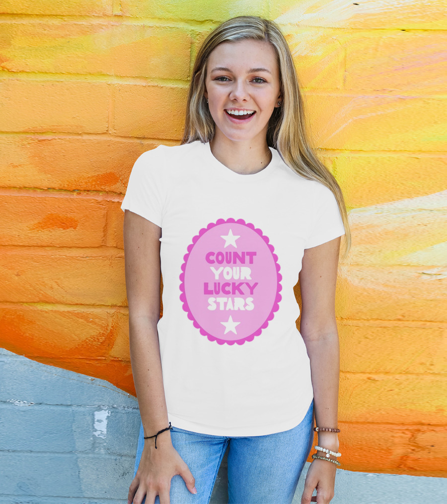 Count Your Lucky Stars Pink Oval Motivational Message T-Shirt