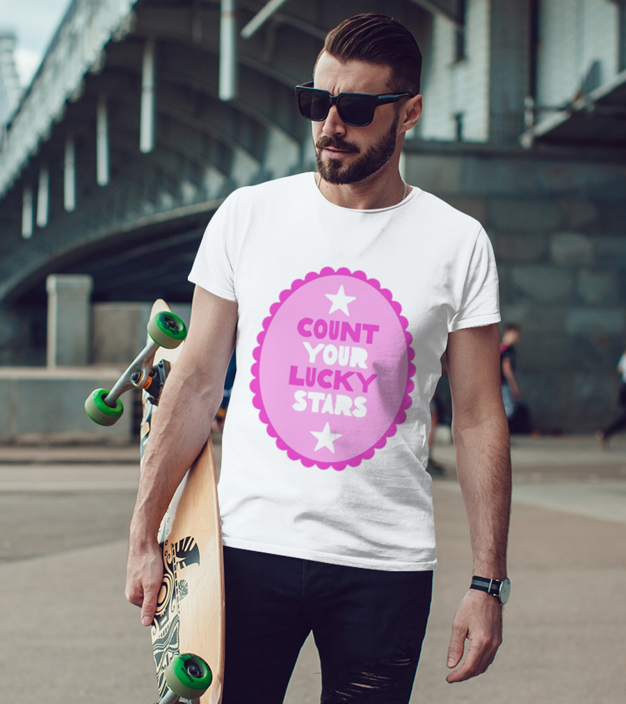 Count Your Lucky Stars Pink Oval Motivational Message T-Shirt