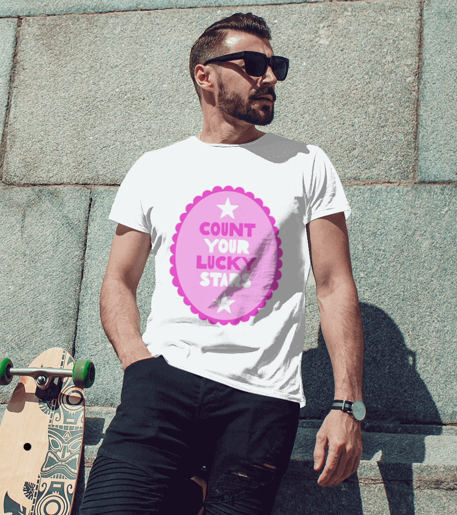 Count Your Lucky Stars Pink Oval Motivational Message T-Shirt
