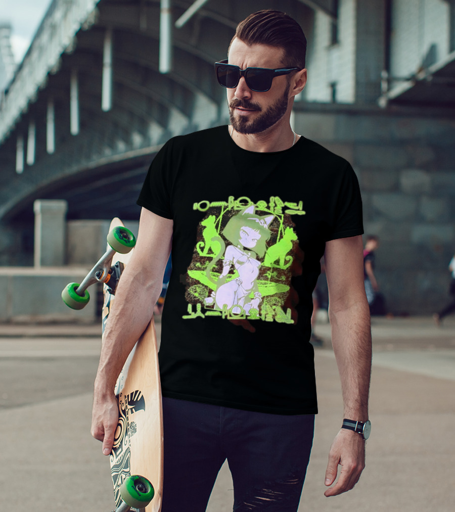 Anime Cat Girl Egyptian Hieroglyphics Neon Green Aesthetic T-Shirt