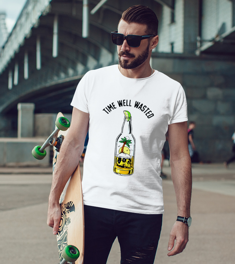Time Well Wasted Skull And Palm Tree In Bottle With Lemon Slice T-Shirt