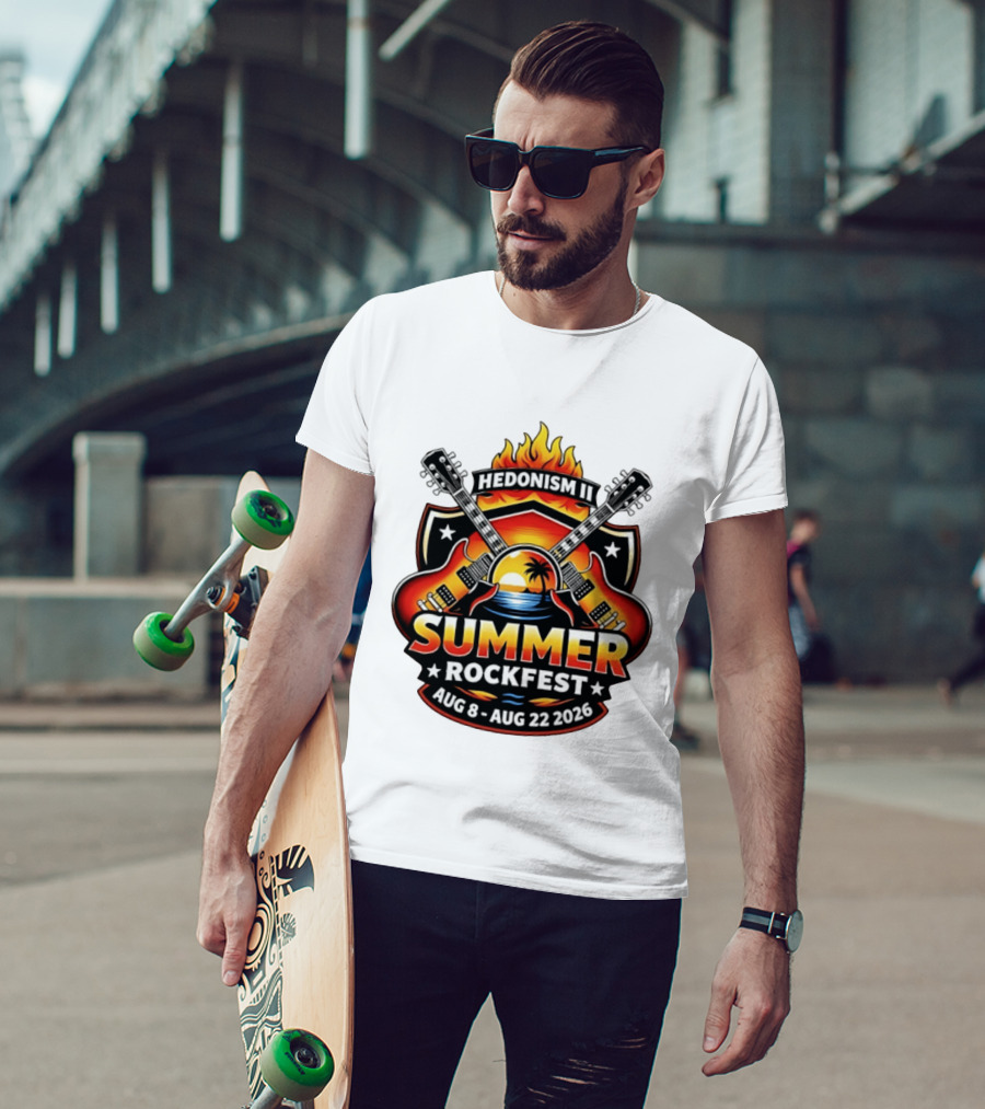Hedonism II Summer Rockfest August 8 22 2026 Guitars Sunset Palms Fire T-Shirt