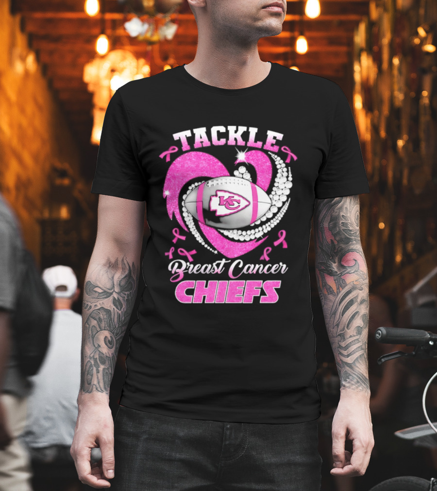 Tackle Breast Cancer Kansas City Chiefs Pink Ribbon Football Heart T-Shirt