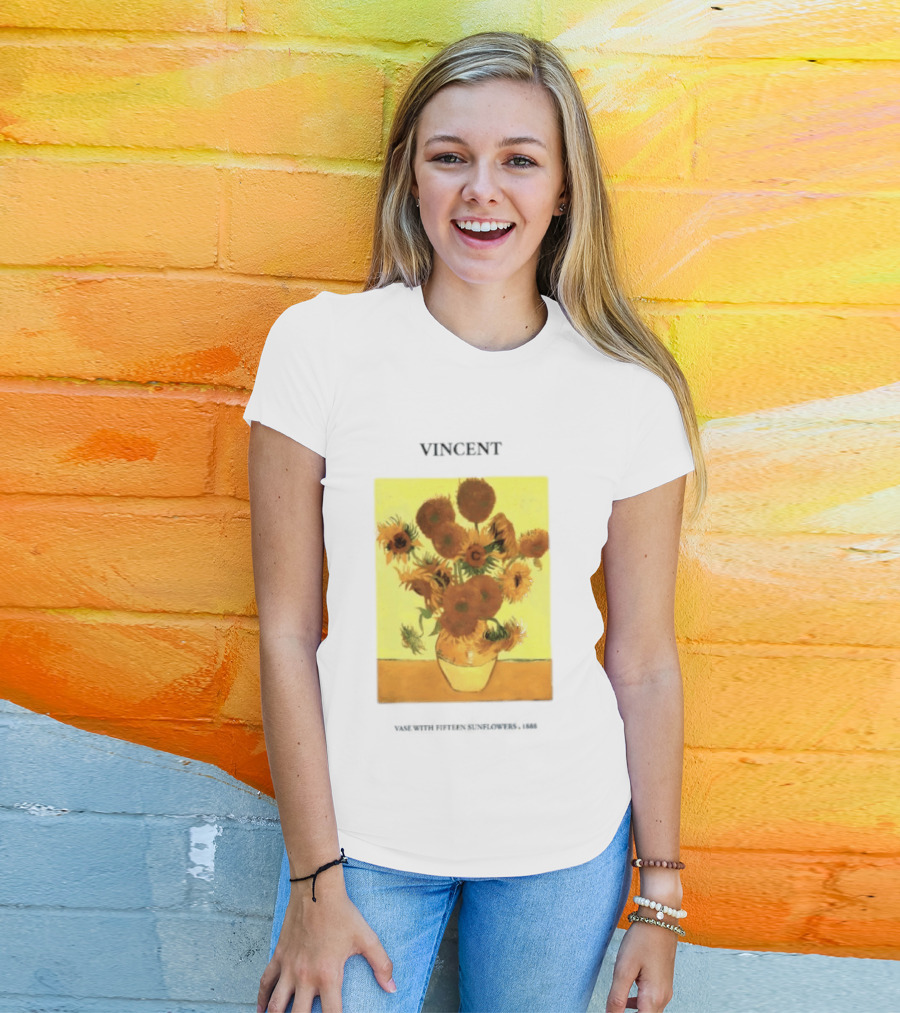 Vincent Van Gogh Sunflowers Vase Painting Vincent Written On It T-Shirt