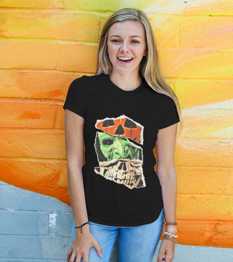 Halloween Trio Three Masks Horror Season Of The Witch Pumpkin Skull Green Mask T-Shirt