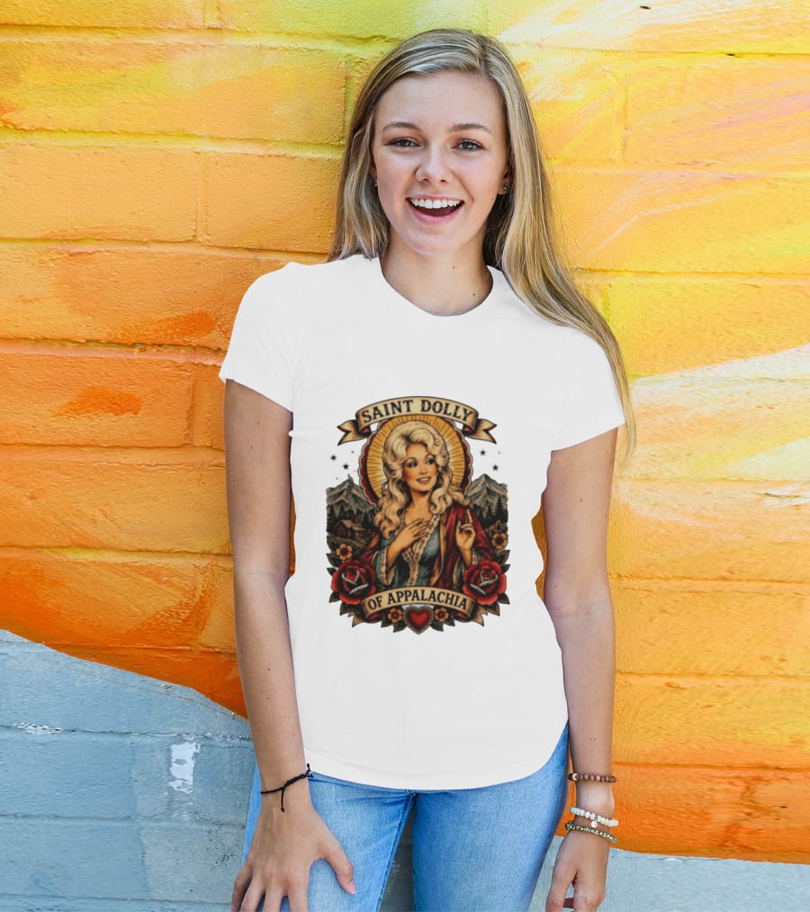Saint Dolly Of Appalachia Iconic Tribute With Roses And Mountains T-Shirt