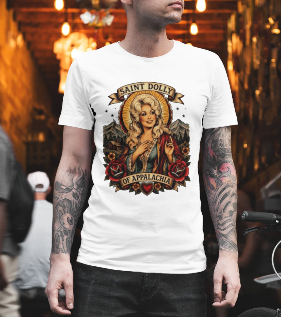 Saint Dolly Of Appalachia Iconic Tribute With Roses And Mountains T-Shirt