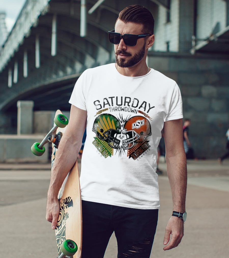 Oklahoma State Vs Oregon Saturday Throwdown 2026 Helmet Clash T-Shirt