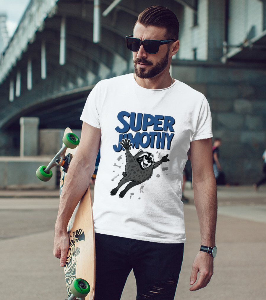Super Jimothy Leaping Raccoon Playful Adventure T-Shirt