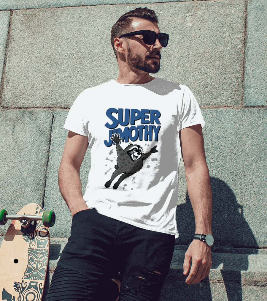 Super Jimothy Leaping Raccoon Playful Adventure T-Shirt
