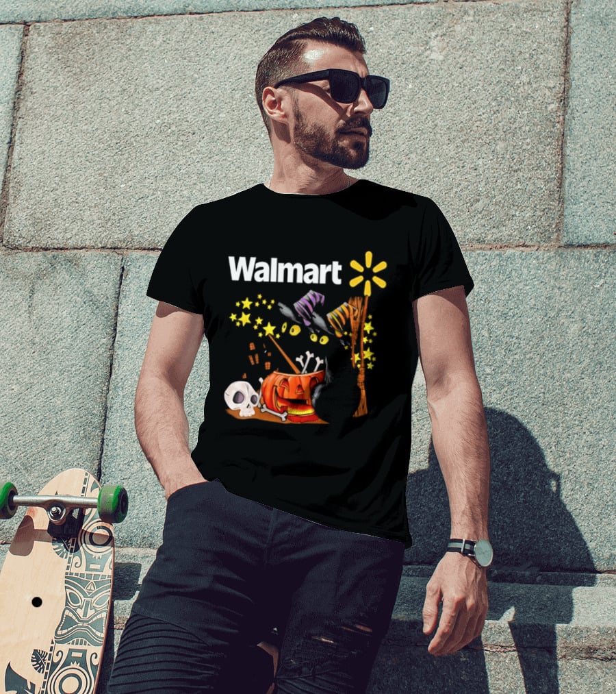 Walmart Halloween 2026 Black Cats With Witch Hats Pumpkin Skull And Stars T-Shirt