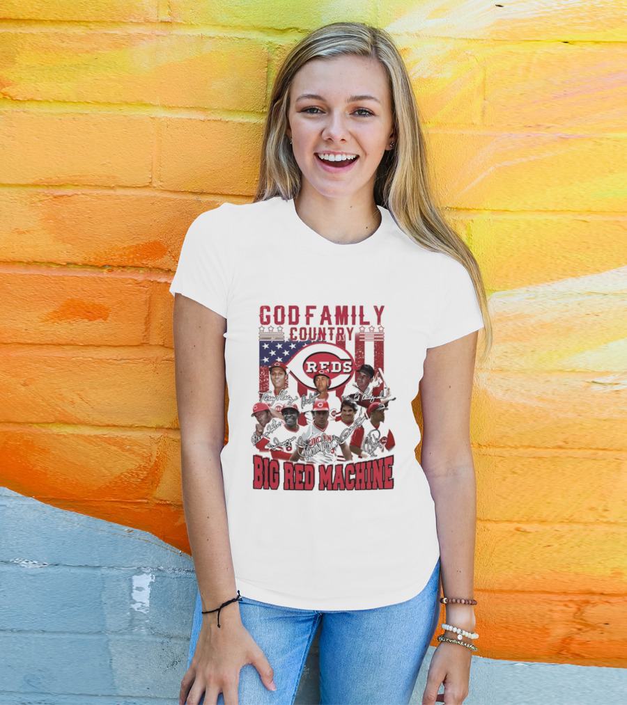 Cincinnati Reds God Family Country Big Red Machine Reds Signatures T-Shirt