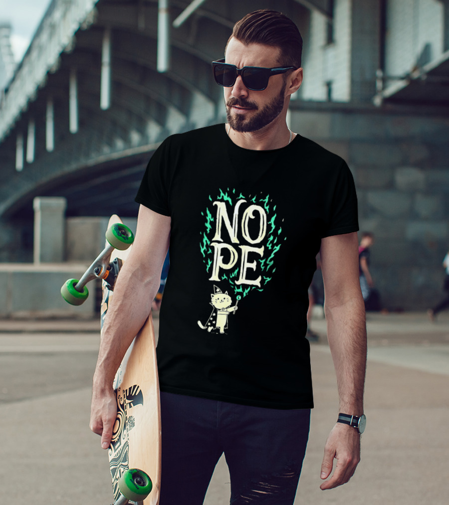 Nope Cat Wizard With Magic Wand And Flames T-Shirt
