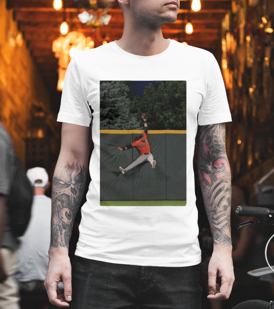 Colton Cowser Catch At Wall Wearing Red O's Jersey In Field Action T-Shirt