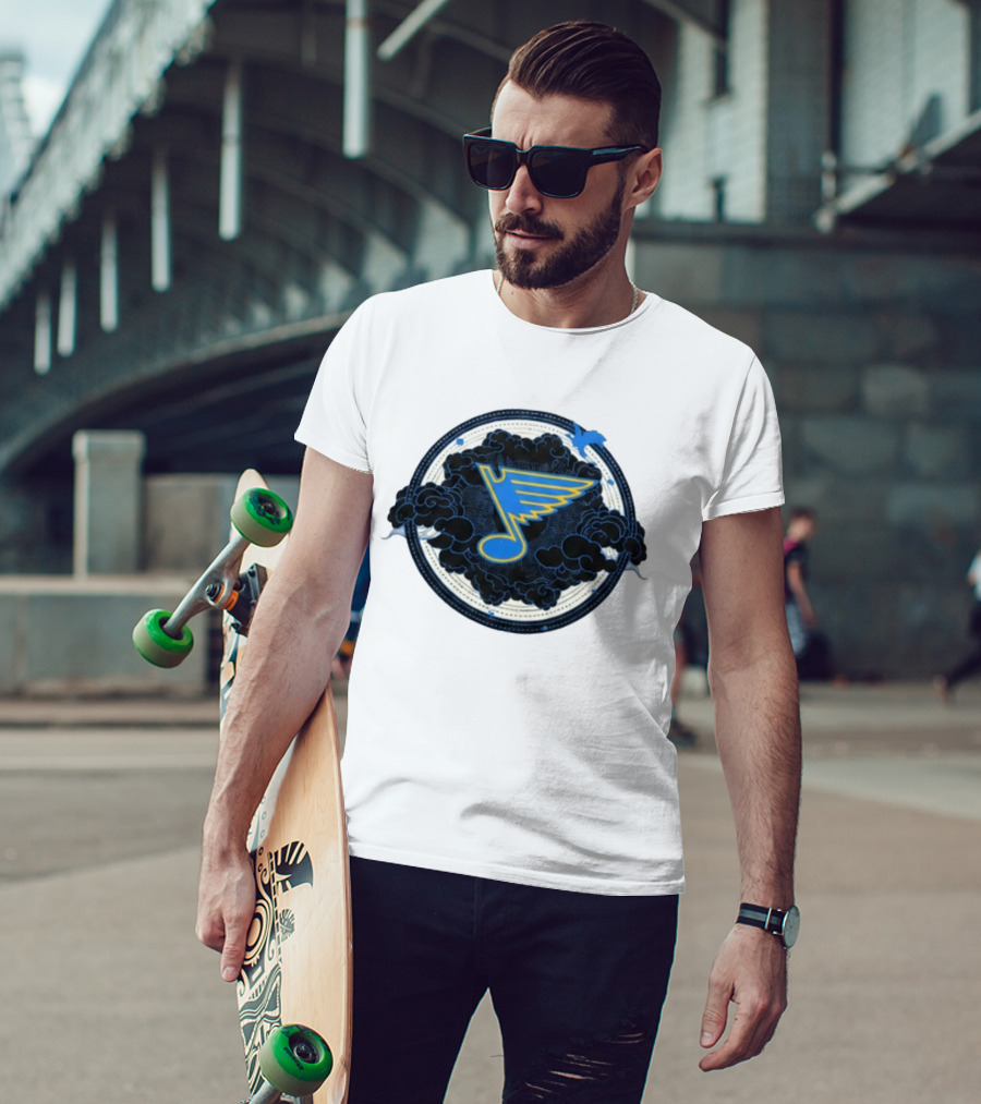 STL Blues Fourth Wing Night 2026 Circle Blue Emblem With Musical Note And Clouds T-Shirt