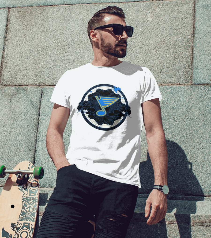 STL Blues Fourth Wing Night 2026 Circle Blue Emblem With Musical Note And Clouds T-Shirt