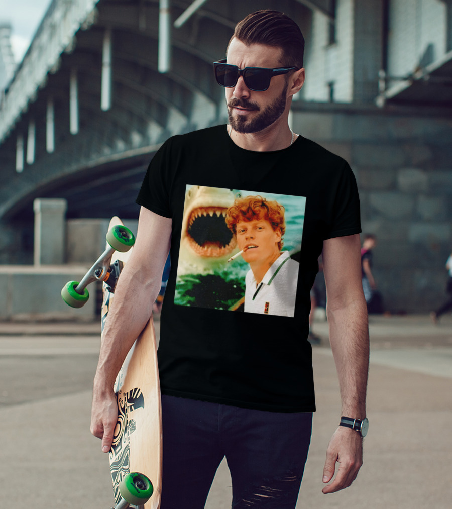 Jannik Sinner Smoking With Jaws Shark Behind T-Shirt