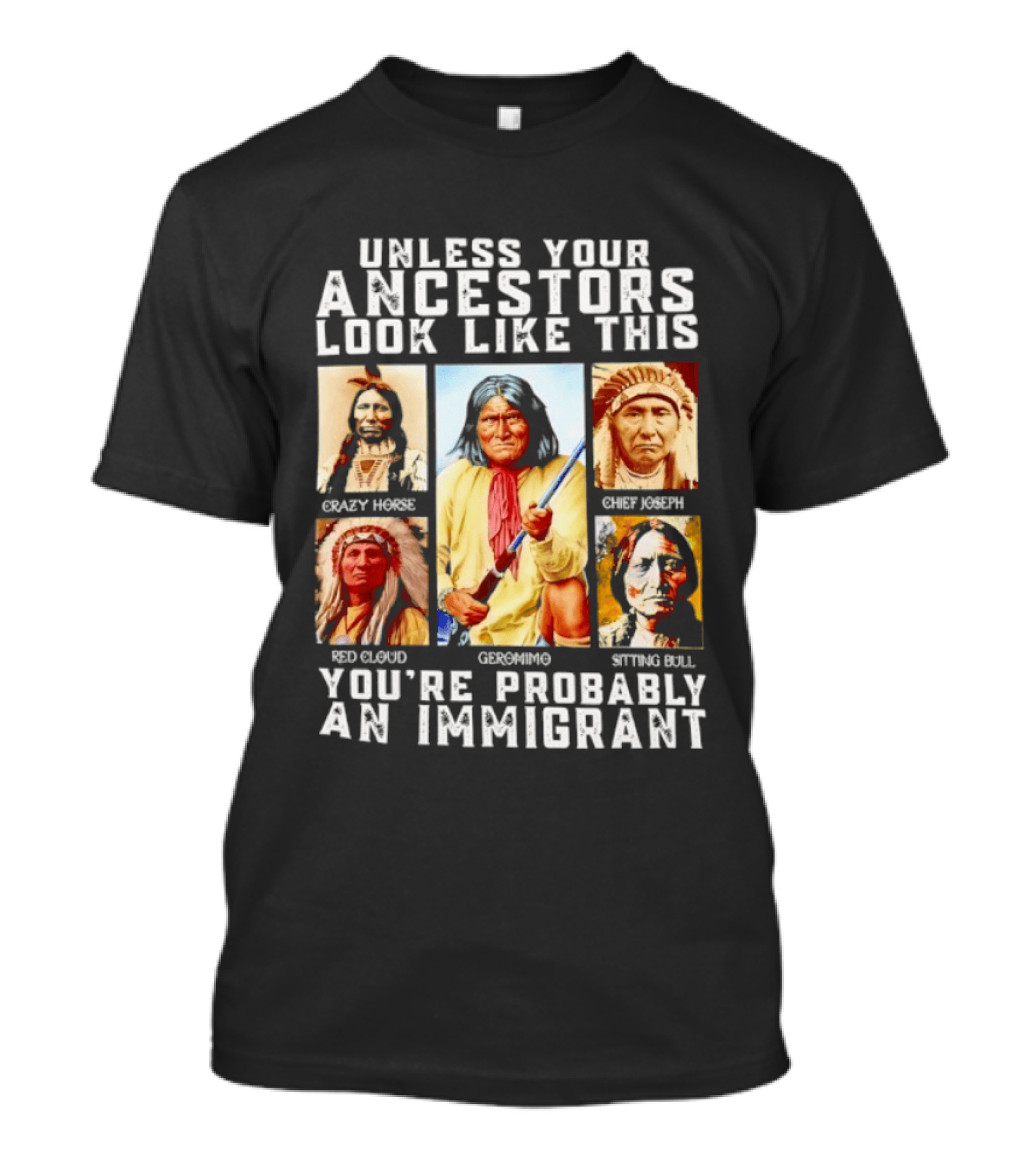 Unless Your Ancestors Look Like This Crazy Horse Chief Joseph Red Cloud Geronimo Sitting Bull You're Probably An Immigrant T-Shirt