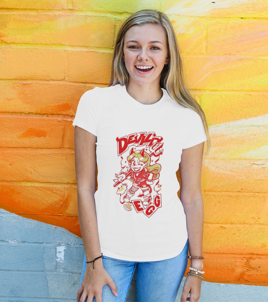 Devil Egg Cartoon Character With Pitchfork And Horns T-Shirt