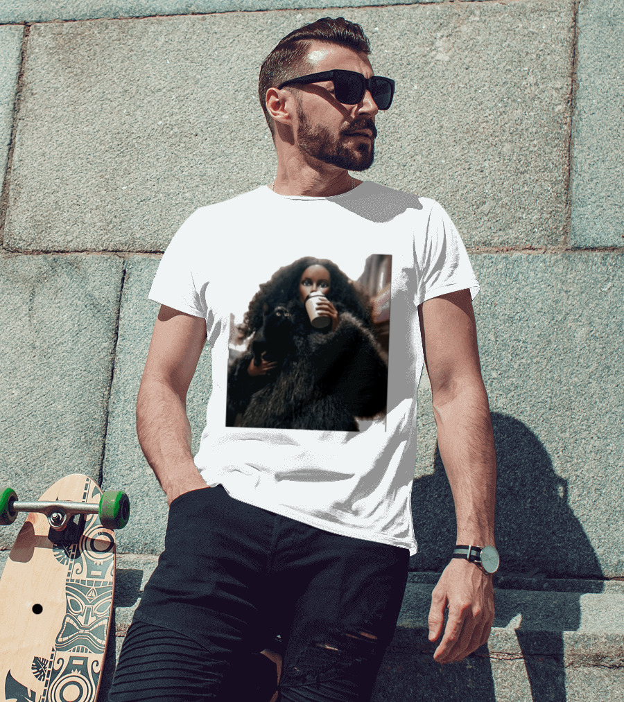 Diana's Cat Club Fashionable Coffee Moment With Furry Coat And Black Cat T-Shirt