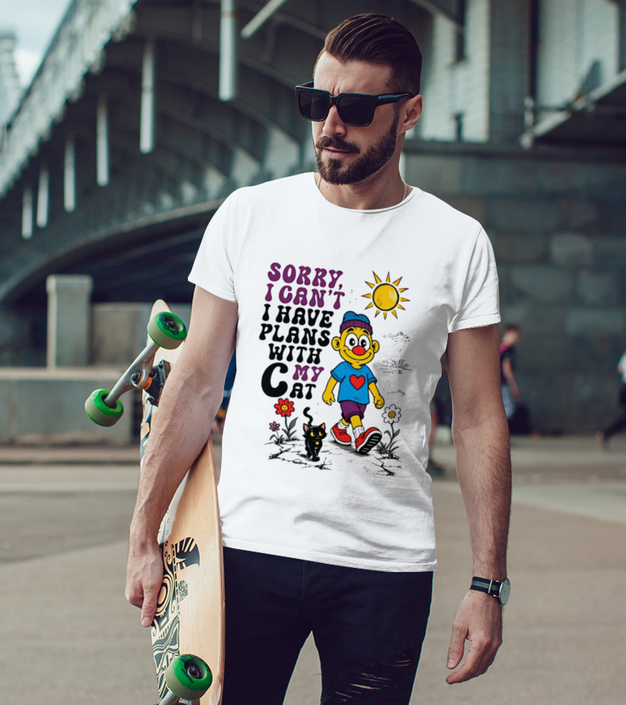 Sorry I Can't I Have Plans With My Cat Smiling Cartoon Character And Cat Sun And Flowers T-Shirt