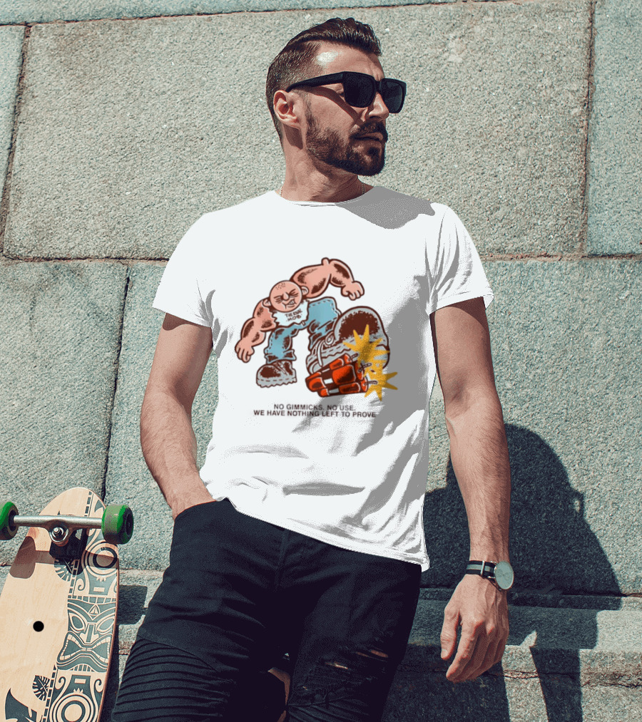 The Rival Mob No Gimmicks No Use We Have Nothing Left To Prove Cartoon Figure Explosive Boot Kick T-Shirt