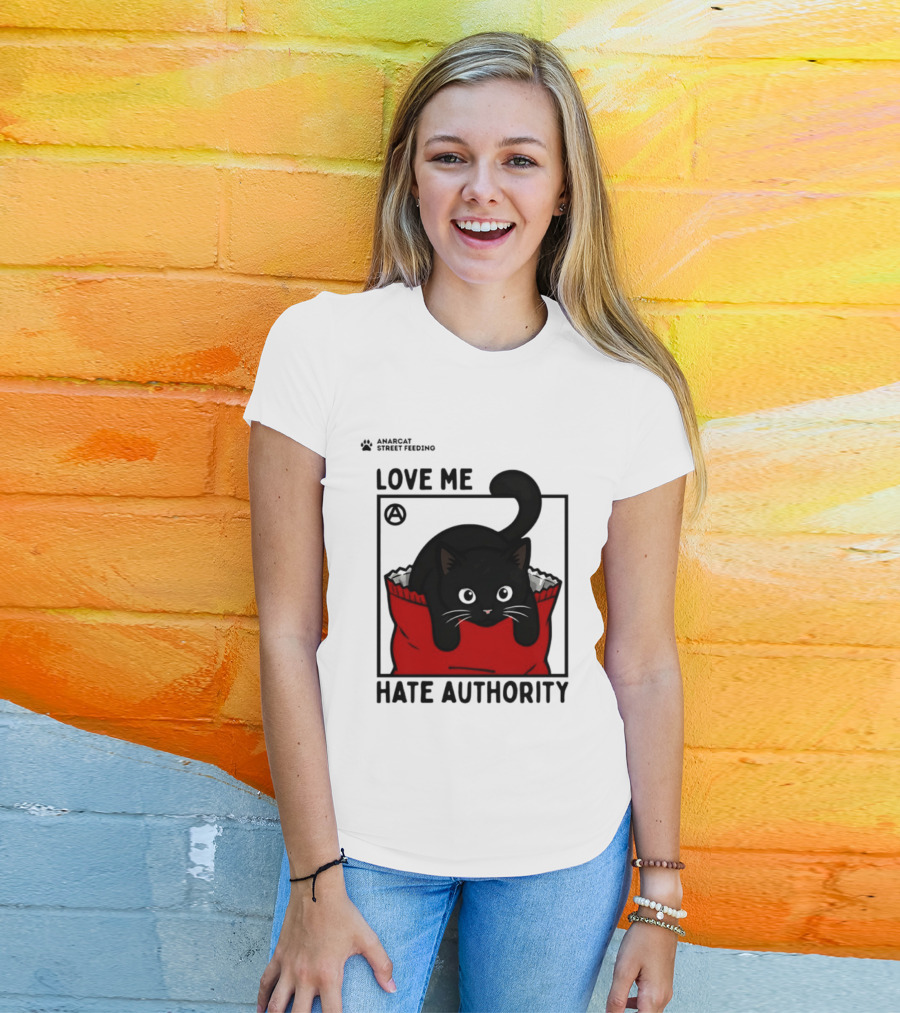 Anarcat Street Feeding Love Me Hate Authority Black Cat Red Bag T-Shirt